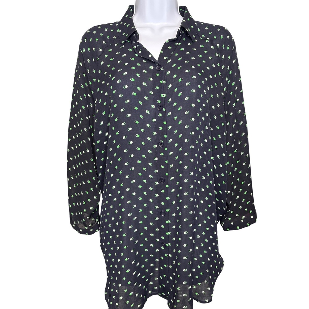 CAbi Womens Black Green Polka Dot Button Up Tunic Blouse Long Sleeve Sz M Career